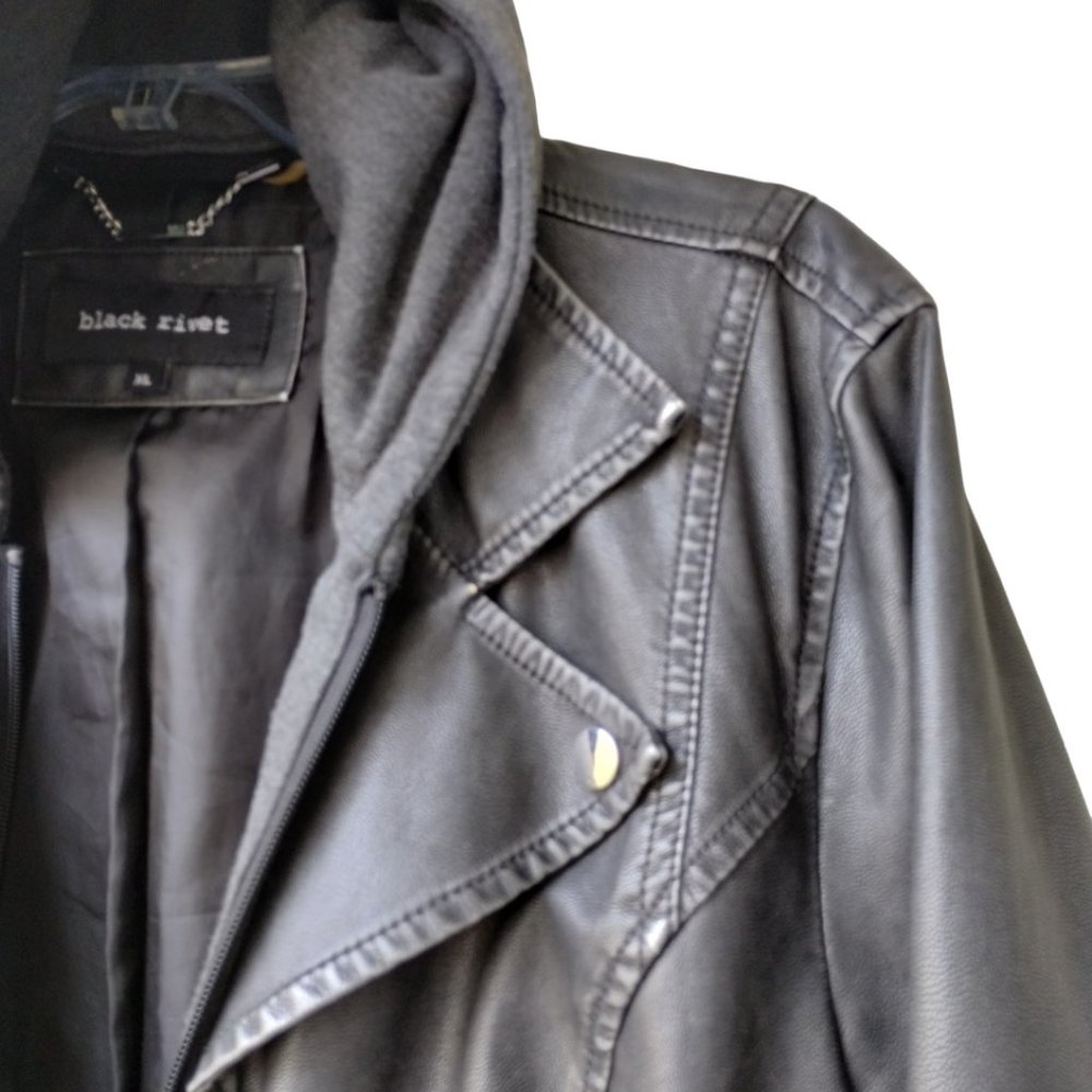 Black Rivet Vegan Leather Removable Hoodie Moto Jacket - Fits M - Carchoal/Black - Picture 12 of 16